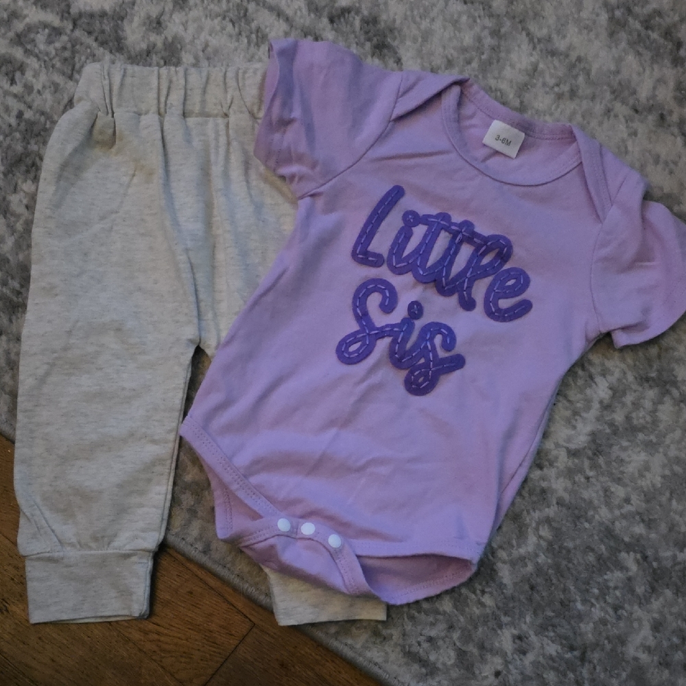 Cute Lavender 'Little Sis' Onesie with Light Gray Pants